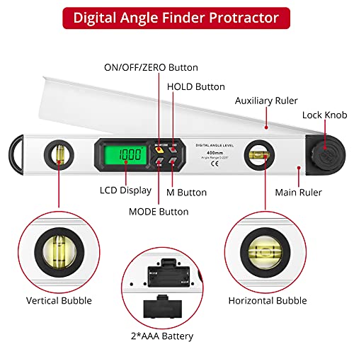 16 inch/40cm Aluminum Digital Angle Finder Built-in Bubble Vials, XUNTOP Digital Protractor 0-225° with Large Backlit Display Ideal for Interior Designer Carpenter Woodworker