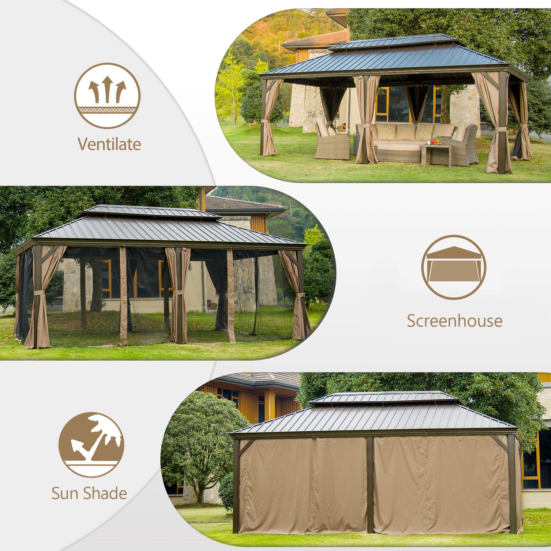 Domi Outdoor Living 12’ X 20’ Hardtop Gazebo, Outdoor Aluminum Frame Canopy with Galvanized Steel Double Roof, Outdoor Permanent Metal Pavilion with Curtains and Netting for Patio, Backyard and Lawn