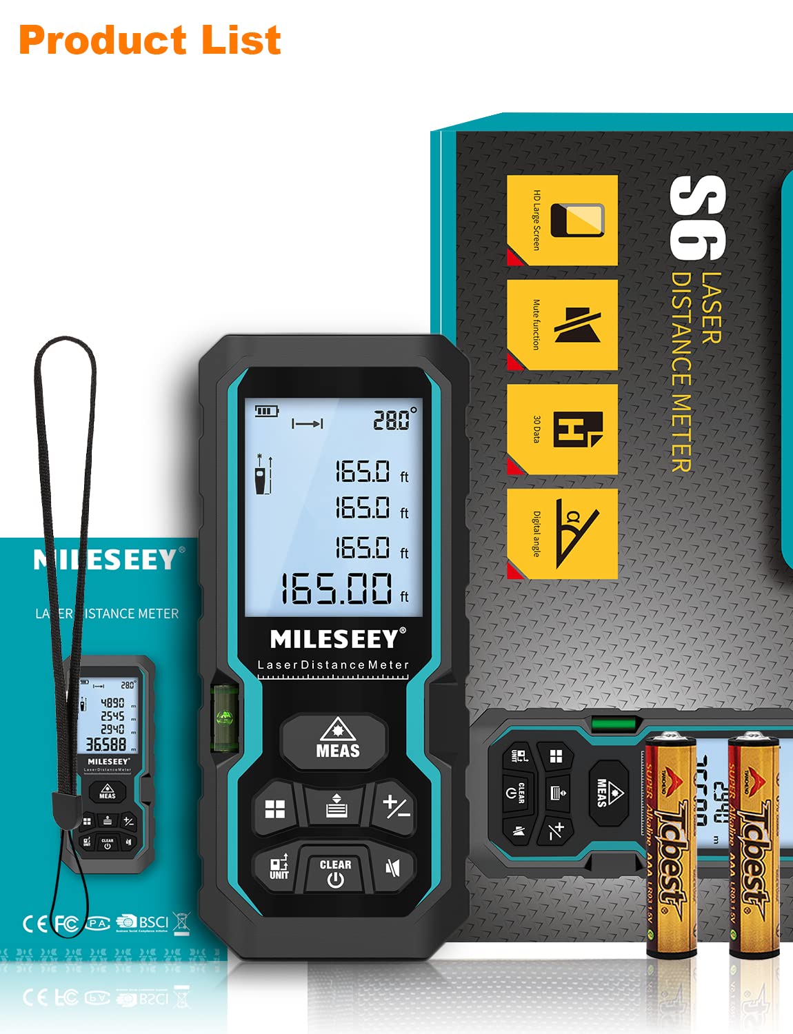 Laser Measure with Digital Angle Display, Mileseey by RockSeed 165 Feet with Electronic Level Control,M/in/Ft Unit Switching Backlit LCD and Pythagorean Mode, Measure Distance, Area, Volume