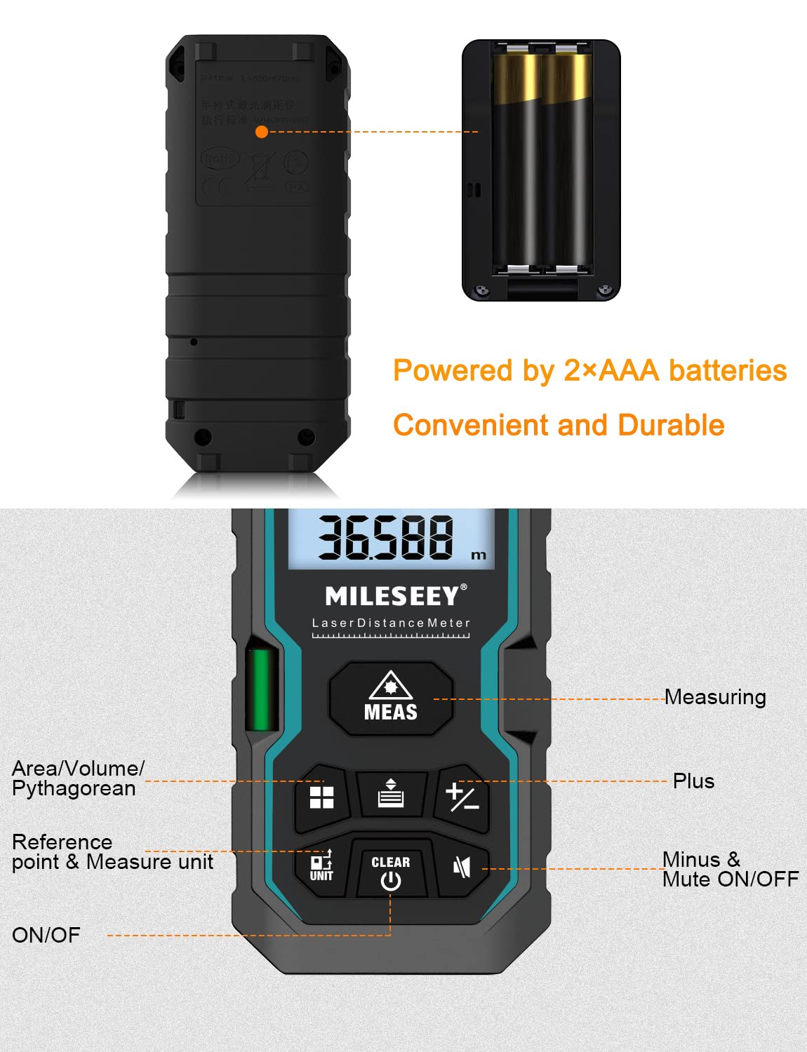 Laser Measure with Digital Angle Display, Mileseey by RockSeed 165 Feet with Electronic Level Control,M/in/Ft Unit Switching Backlit LCD and Pythagorean Mode, Measure Distance, Area, Volume