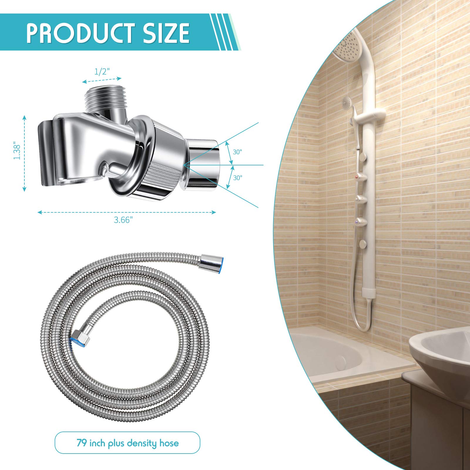 Mimorou 79 Inch Stainless Steel Shower Hose with Adjustable Shower Arm Holder Shower Head Holder Replacement Shower Hose Head Holder for Wall Adjustable Shower Head Replacement (Silver Holder)