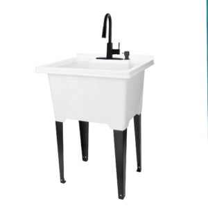 white utility sink by js jackson supplies, tehila luxe laundry tub, matte black hi-arc pull-down faucet, soap dispenser