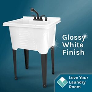 White Utility Sink by JS Jackson Supplies, Tehila Luxe Laundry Tub, Matte Black Pull-out Sprayer Faucet, Soap Dispenser