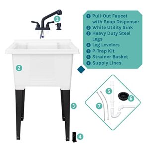 White Utility Sink by JS Jackson Supplies, Tehila Luxe Laundry Tub, Matte Black Pull-out Sprayer Faucet, Soap Dispenser