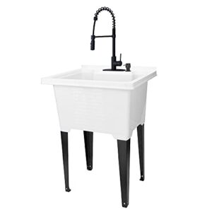 white utility sink by js jackson supplies, tehila luxe laundry tub, matte black hi-arc coil faucet, soap dispenser
