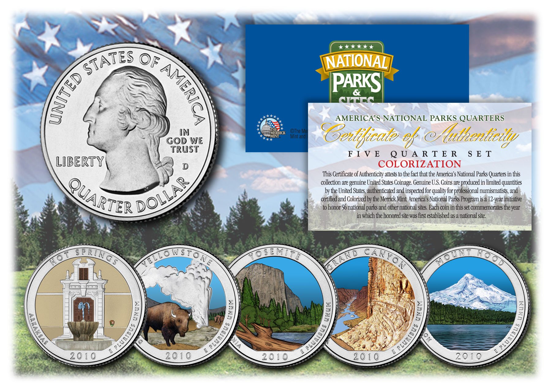 2010 America The Beautiful Colorized Quarters U.S. Parks 5-Coin Set w/Capsules