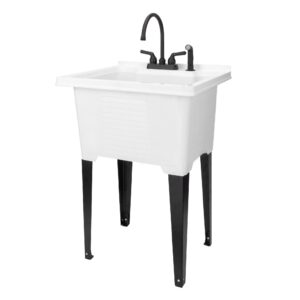 white utility sink by js jackson supplies, tehila luxe laundry tub, matte black gooseneck faucet, side sprayer