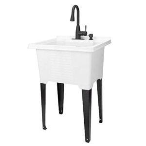 white utility sink by js jackson supplies, tehila luxe laundry tub, matte black pull-down faucet, soap dispenser