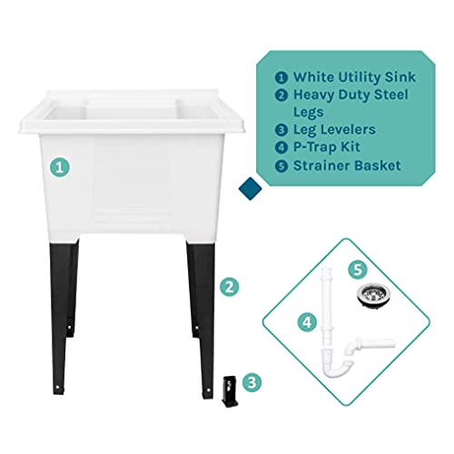 White Utility Sink by JS Jackson Supplies, Tehila Luxe Laundry Tub with Black Metal Legs and P-Trap Kit