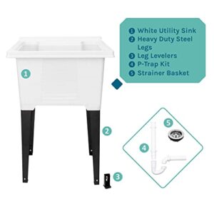 White Utility Sink by JS Jackson Supplies, Tehila Luxe Laundry Tub with Black Metal Legs and P-Trap Kit