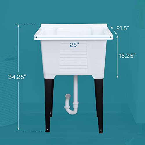 White Utility Sink by JS Jackson Supplies, Tehila Luxe Laundry Tub with Black Metal Legs and P-Trap Kit