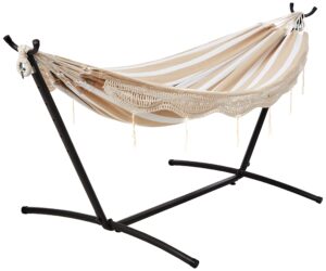 amazon basics double hammock with 9-foot space saving steel stand and carrying case, beige stripe with lace, 450 lb capacity, 110 x 47 x 43 inches