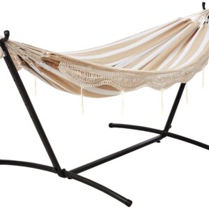 Amazon Basics Double Hammock with 9-Foot Space Saving Steel Stand and Carrying Case, Beige Stripe with Lace, 450 lb Capacity, 110 x 47 x 43 inches