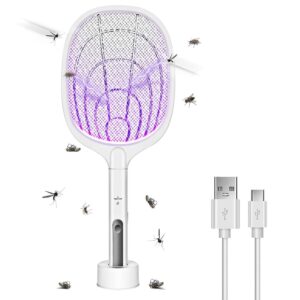 bug zapper, 3000 volt indoor & outdoor electric fly swatter, usb rechargeable mosquito killer racket for home bedroom, kitchen,office, backyard, patio,safe to touch with 3-layer safety mesh
