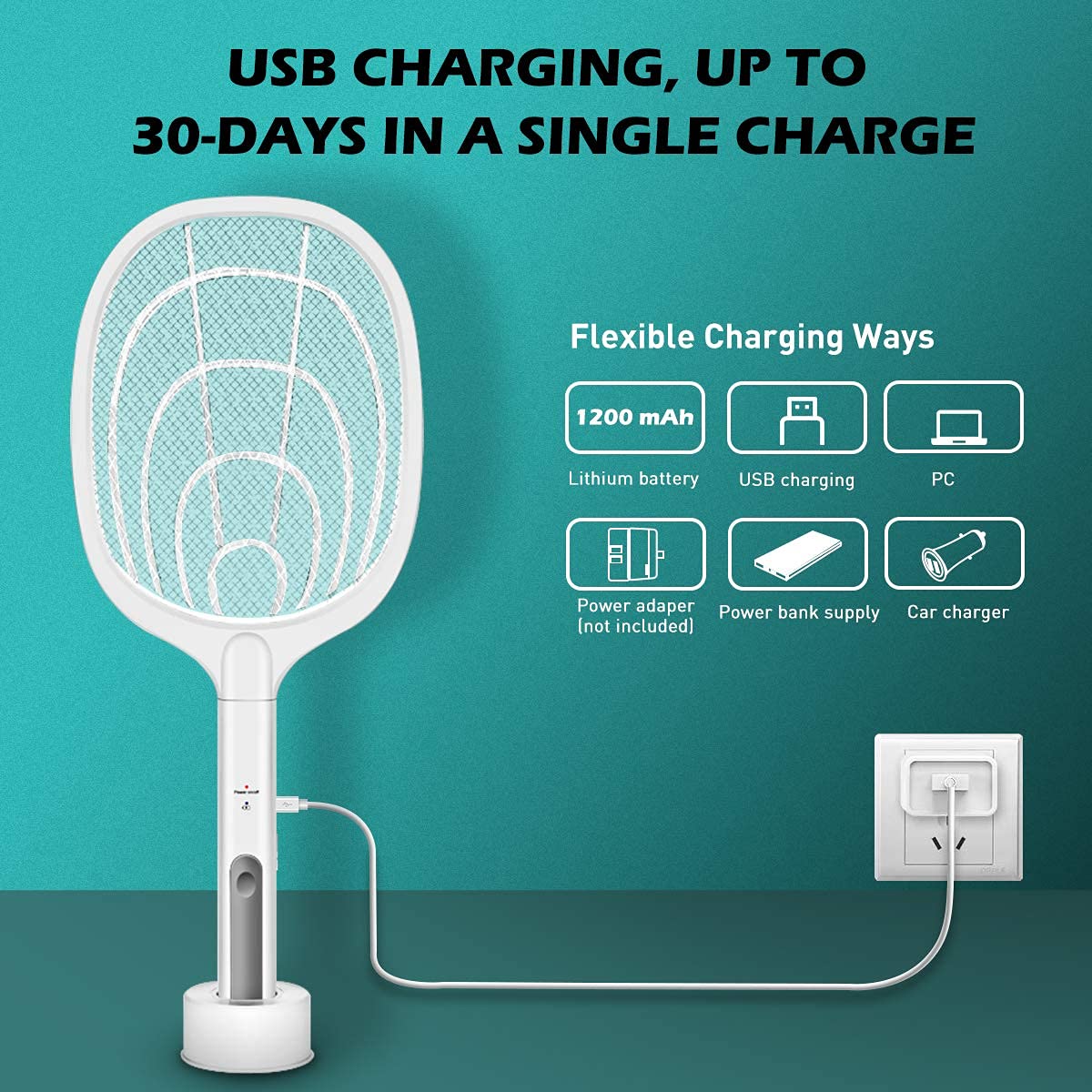 Bug Zapper, 3000 Volt Indoor & Outdoor Electric Fly Swatter, USB Rechargeable Mosquito Killer Racket for Home Bedroom, Kitchen,Office, Backyard, Patio,Safe to Touch with 3-Layer Safety Mesh