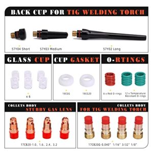63PCS TIG Welding Torch Accessories Kit TIG Welding Torch Supplies Welding Collet Gasket Back Cap Stubby Gas Lens Glass Cup Alumina Nozzle Accessoory Kit for WP-17/18/26