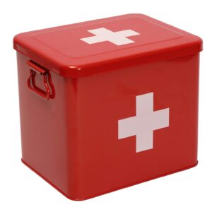 Xbopetda First Aid Kit, First Aid Medicine Supplies Bin - 2-Tier Metal Medicine Storage Tin, First Aid Box with Removable Tray for Home Emergency Tool Set-Red