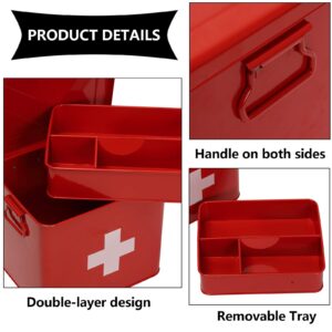 Xbopetda First Aid Kit, First Aid Medicine Supplies Bin - 2-Tier Metal Medicine Storage Tin, First Aid Box with Removable Tray for Home Emergency Tool Set-Red