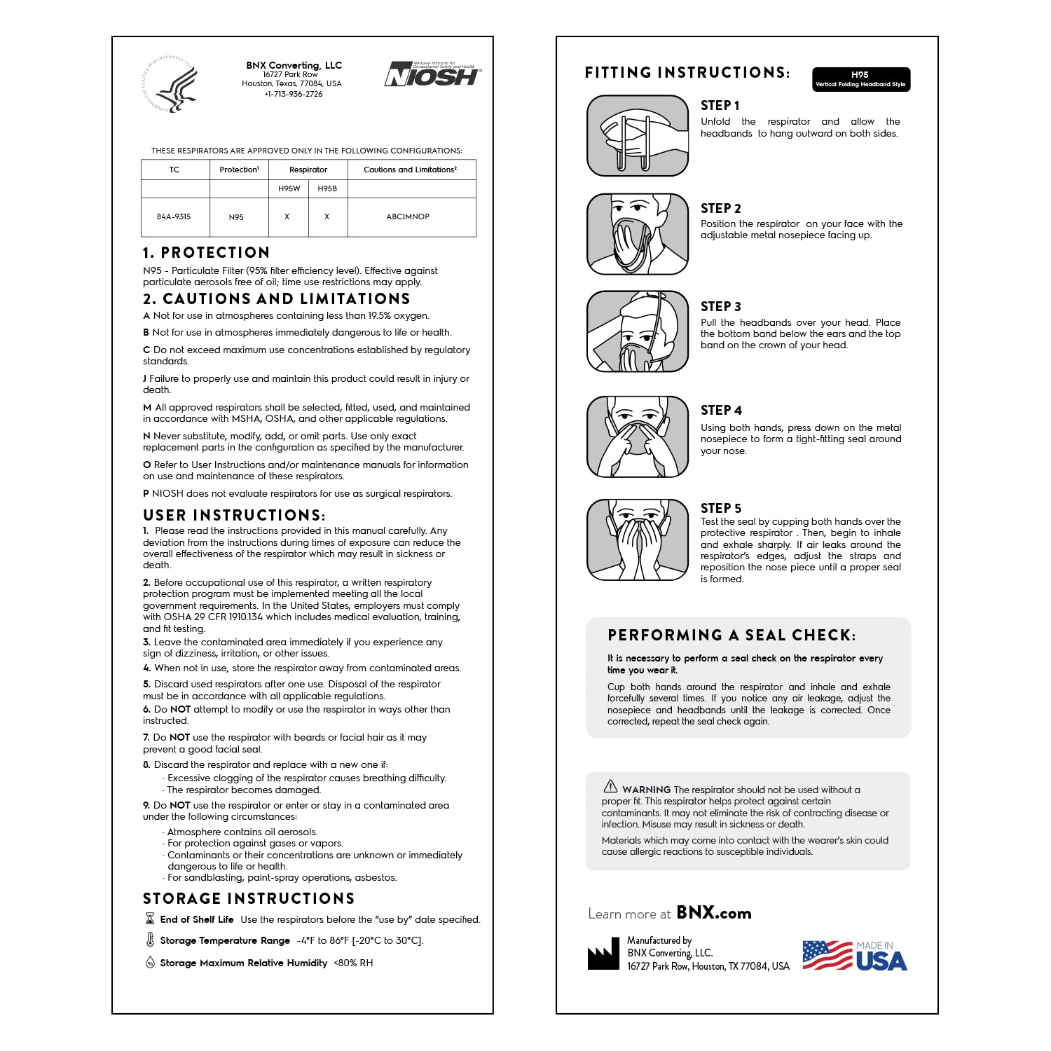 AccuMed BNX N95 Mask Black MADE IN USA Particulate Respirator Protective Face Mask (10-Pack, Approval Number TC-84A-9315 / Model H95B)