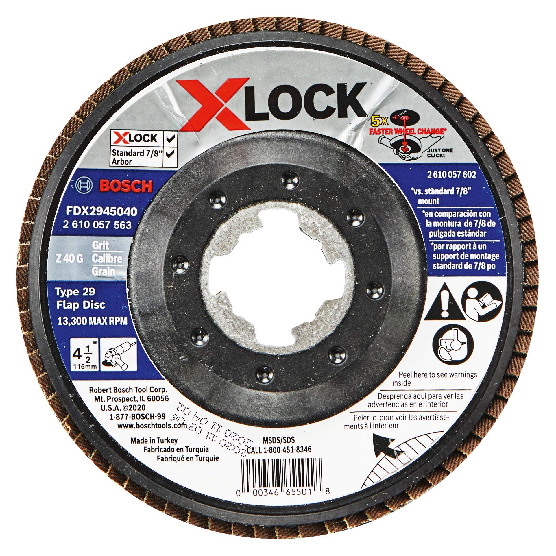 BOSCH FDX2945040 1-Piece 4-1/2 In. X-LOCK Flap Disc 40 Grit Compatible with 7/8 In. Arbor Type 29 for Applications in Metal Blending and Grinding