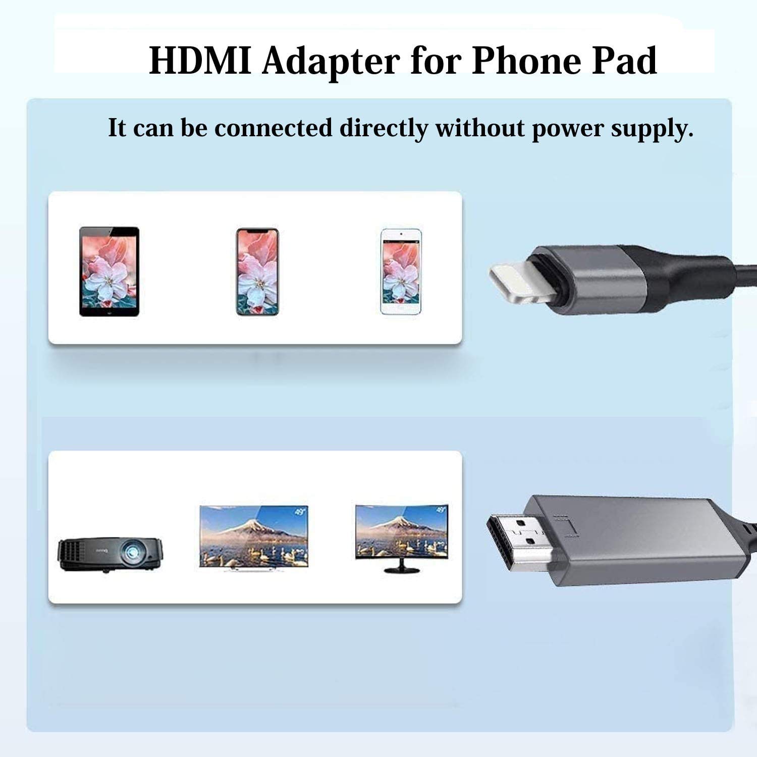 [Apple MFi Certified] Lightning to HDMI Adapter for Phone to TV,Compatible with iPhone,iPad, Sync Screen Connector Directly Connect on HDTV/Monitor/Projector NO Need Power Supply（6.6FT）