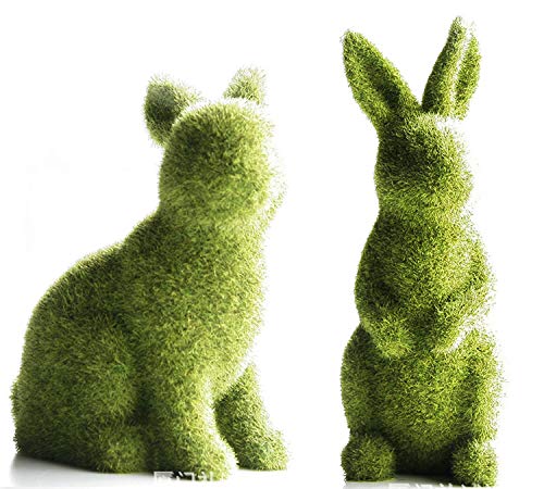 XIAXAIXU Easter Moss Bunny Flocked Rabbit Statue Figurine Festival Garden Yard Home Party Ornament Decoration (Green, 2 Pcs (A+B))