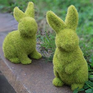 XIAXAIXU Easter Moss Bunny Flocked Rabbit Statue Figurine Festival Garden Yard Home Party Ornament Decoration (Green, 2 Pcs (A+B))