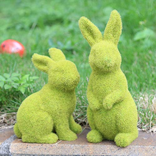 XIAXAIXU Easter Moss Bunny Flocked Rabbit Statue Figurine Festival Garden Yard Home Party Ornament Decoration (Green, 2 Pcs (A+B))