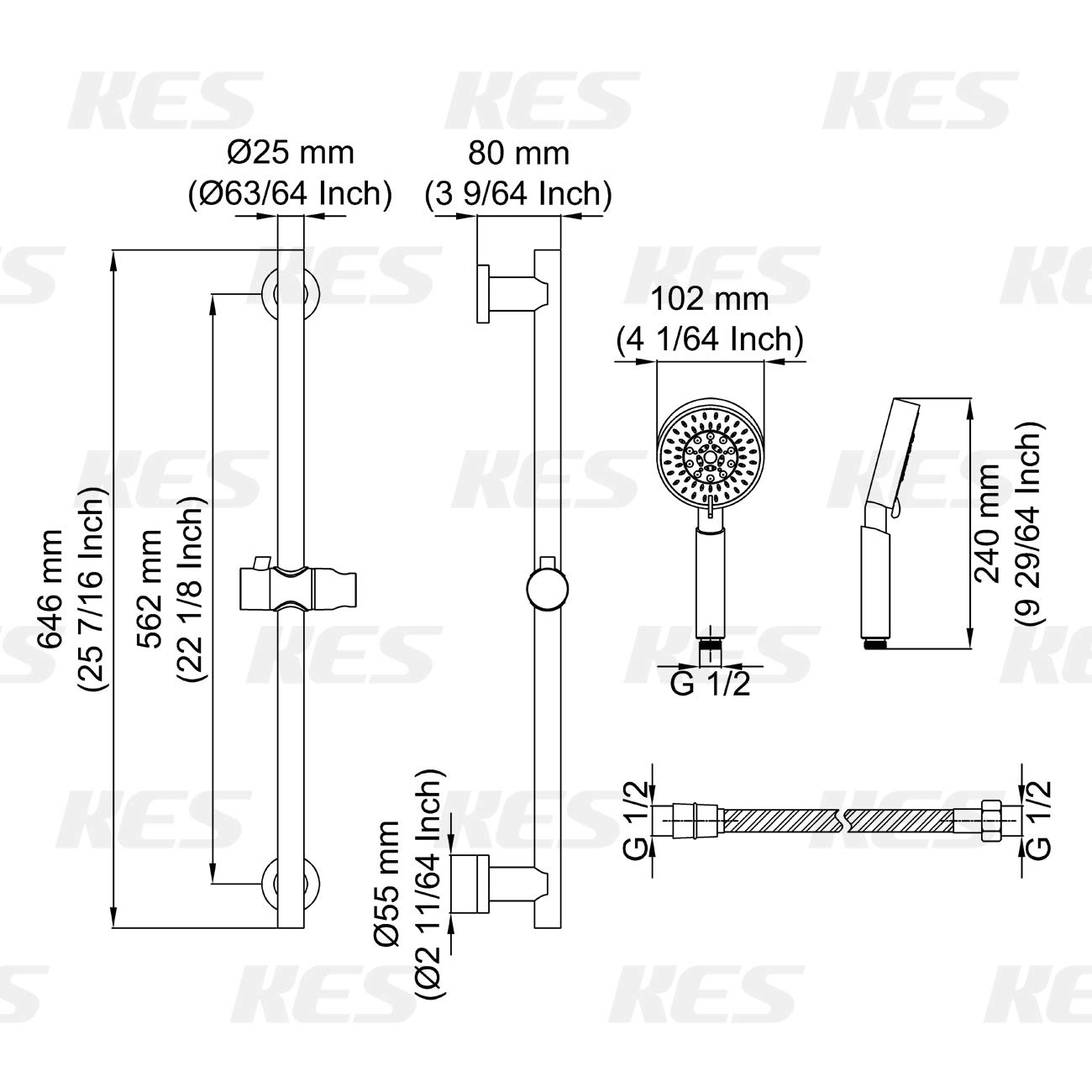 KES Shower Slide Bar Handheld Shower Head with Hose, 5-Function Hand Shower with Wall Mount Slide Bar Set Brushed Finish, F204-BS+KP501B-BN