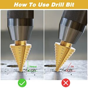 10 Sizes Titanium Step Drill Bit, 1/4 to 1-3/8 Inches High Speed Steel Step Drill Bits for Sheet Metal Hole Drilling Cutting, HSS Multi Size Unibit Drill Bits DIY Lovers, Multiple Hole Stepped up Bits