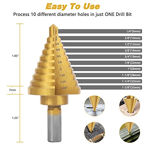 10 Sizes Titanium Step Drill Bit, 1/4 to 1-3/8 Inches High Speed Steel Step Drill Bits for Sheet Metal Hole Drilling Cutting, HSS Multi Size Unibit Drill Bits DIY Lovers, Multiple Hole Stepped up Bits