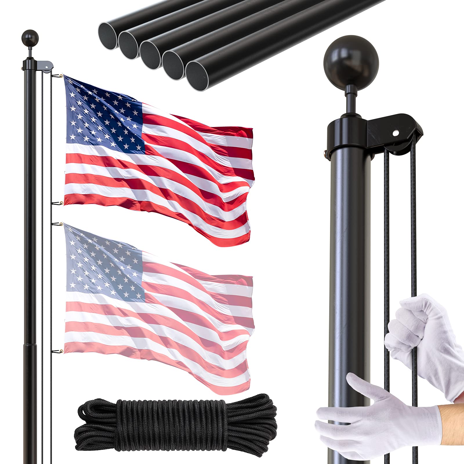 FFILY Flag Pole for Outside In Ground - 20 FT Heavy Duty Flagpole Kit for Yard - Extra Thick Outdoor Flag Poles with 3x5 American Flag for Residential or Commercial, Black