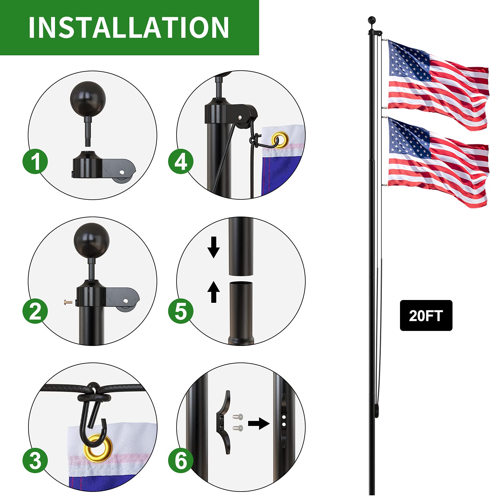 FFILY Flag Pole for Outside In Ground - 20 FT Heavy Duty Flagpole Kit for Yard - Extra Thick Outdoor Flag Poles with 3x5 American Flag for Residential or Commercial, Black