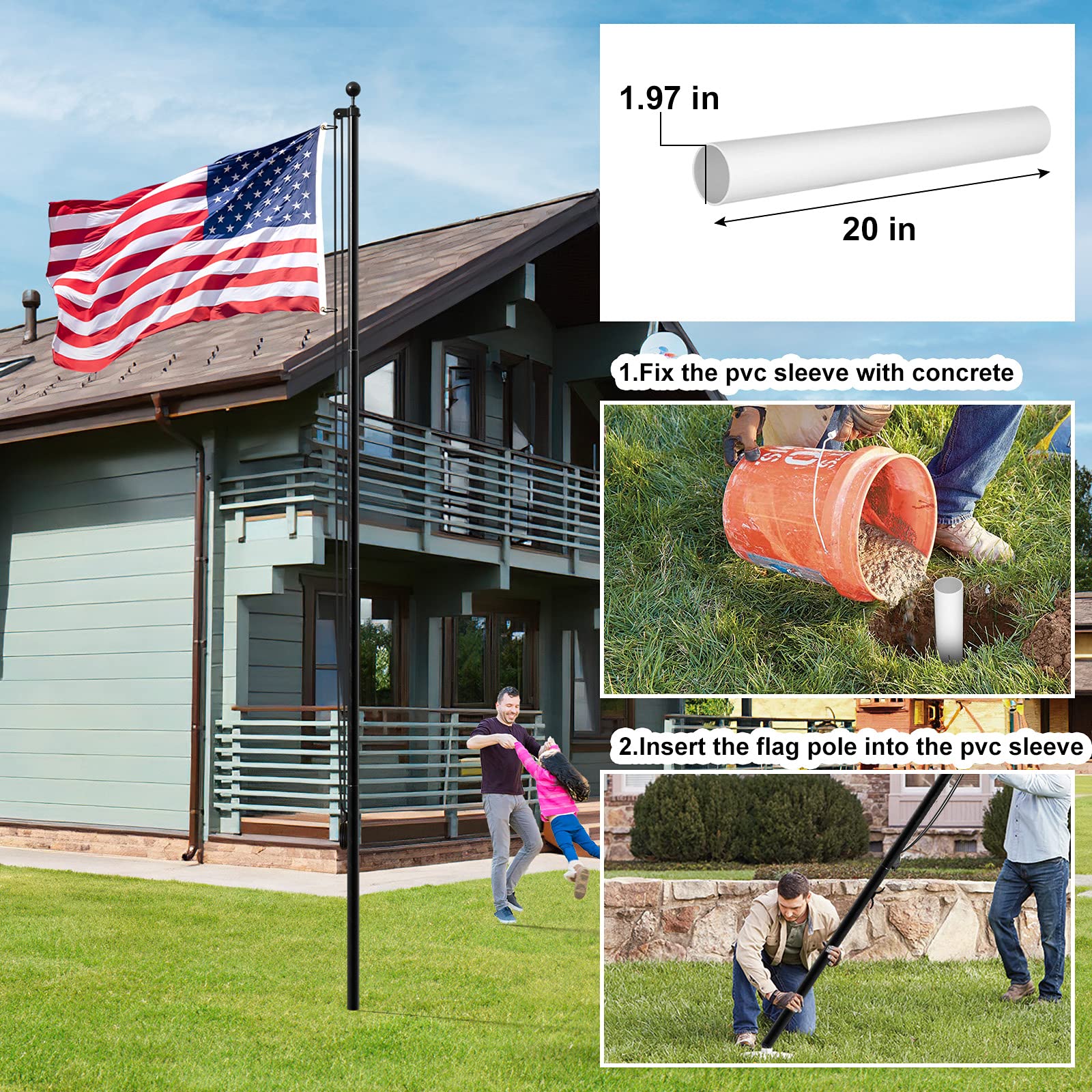 FFILY Flag Pole for Outside In Ground - 20 FT Heavy Duty Flagpole Kit for Yard - Extra Thick Outdoor Flag Poles with 3x5 American Flag for Residential or Commercial, Black