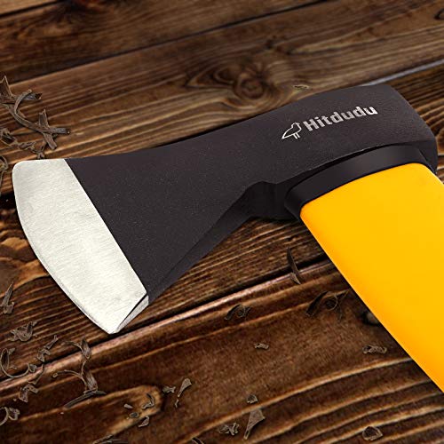 Hitdudu Camping Axe, 14.7" Chopping Hatchet for Firewood Splitting, Forged Carbon Steel Heat Treated, Durable Fiberglass Handle with Anti-Slip Rubber Grip for Outdoor Survival Hiking Home