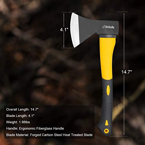 Hitdudu Camping Axe, 14.7" Chopping Hatchet for Firewood Splitting, Forged Carbon Steel Heat Treated, Durable Fiberglass Handle with Anti-Slip Rubber Grip for Outdoor Survival Hiking Home