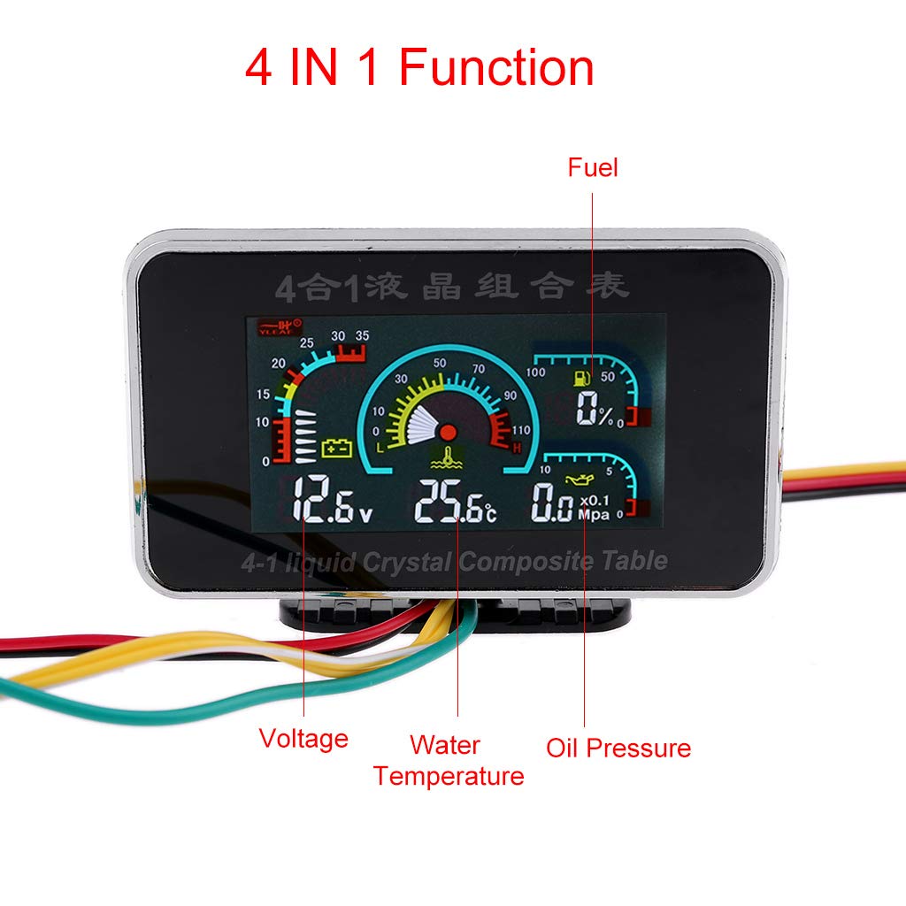 HELYZQ 4 in 1 LCD Car Digital Alarm Gauge Voltmeter Oil Pressure Fuel Water Temp 12-24V