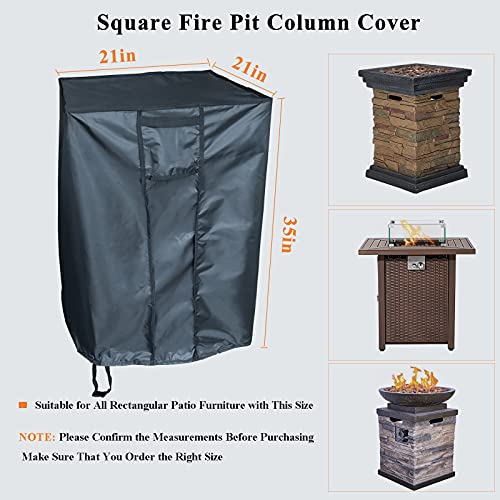 Flymer Gas Fire Pit Cover Square 21x21x35 Inches High Density Waterproof Patio Fire Table Cover, Durable Fire Pit Column Cover with Windproof Drawstring, Black