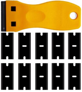 double edged plastic razor blade scrapers knife with contoured grip for scraping labels and decals sticker from glass, windshields and auto window tint vinyl tool application(yellow scraper+10 blades)