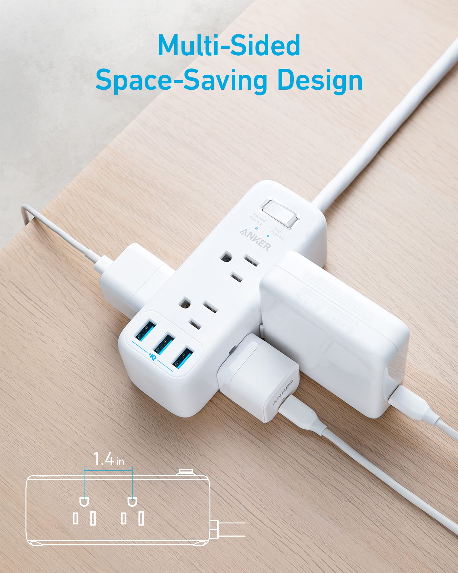 Anker USB Power Strip Surge Protector(300J), 5ft Extension Cord, Flat Plug, 331 Power Strip with 6 Outlets & 3 USB A Ports, Charging Station,for iPhone 15/15 Plus/15 Pro/15 Pro Max,TUV Listed