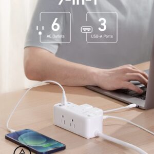 Anker USB Power Strip Surge Protector(300J), 5ft Extension Cord, Flat Plug, 331 Power Strip with 6 Outlets & 3 USB A Ports, Charging Station,for iPhone 15/15 Plus/15 Pro/15 Pro Max,TUV Listed