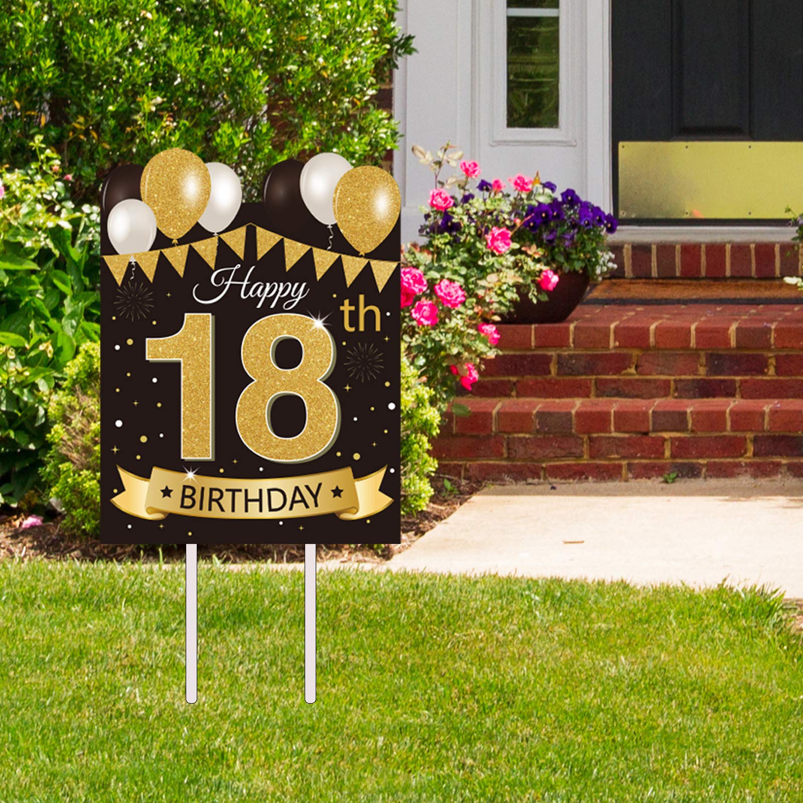 Large Happy 18th Birthday Party Yard Sign Black Gold 18 Birthday Yard Signs with Stakes and Outdoor Lawn Decorations