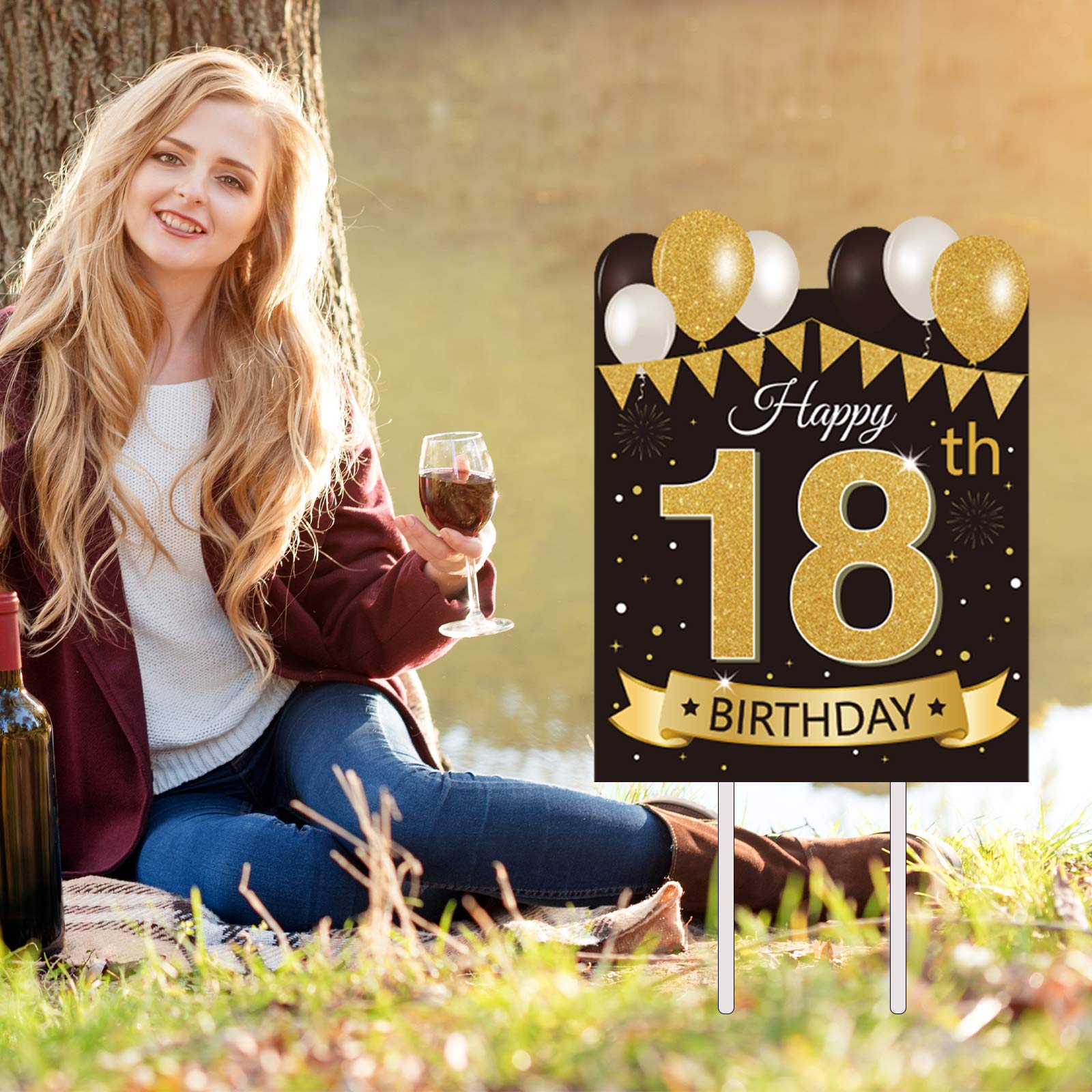 Large Happy 18th Birthday Party Yard Sign Black Gold 18 Birthday Yard Signs with Stakes and Outdoor Lawn Decorations