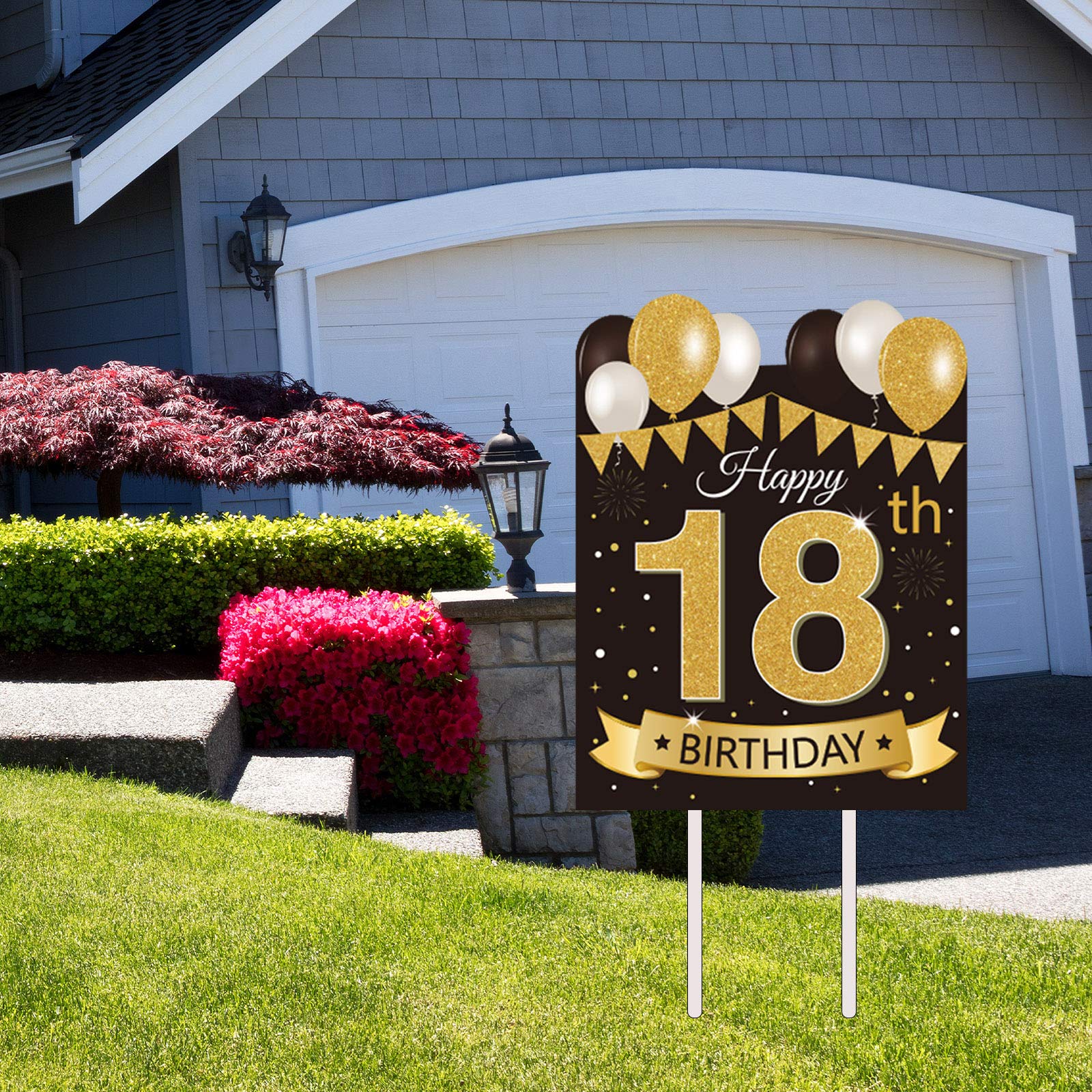 Large Happy 18th Birthday Party Yard Sign Black Gold 18 Birthday Yard Signs with Stakes and Outdoor Lawn Decorations