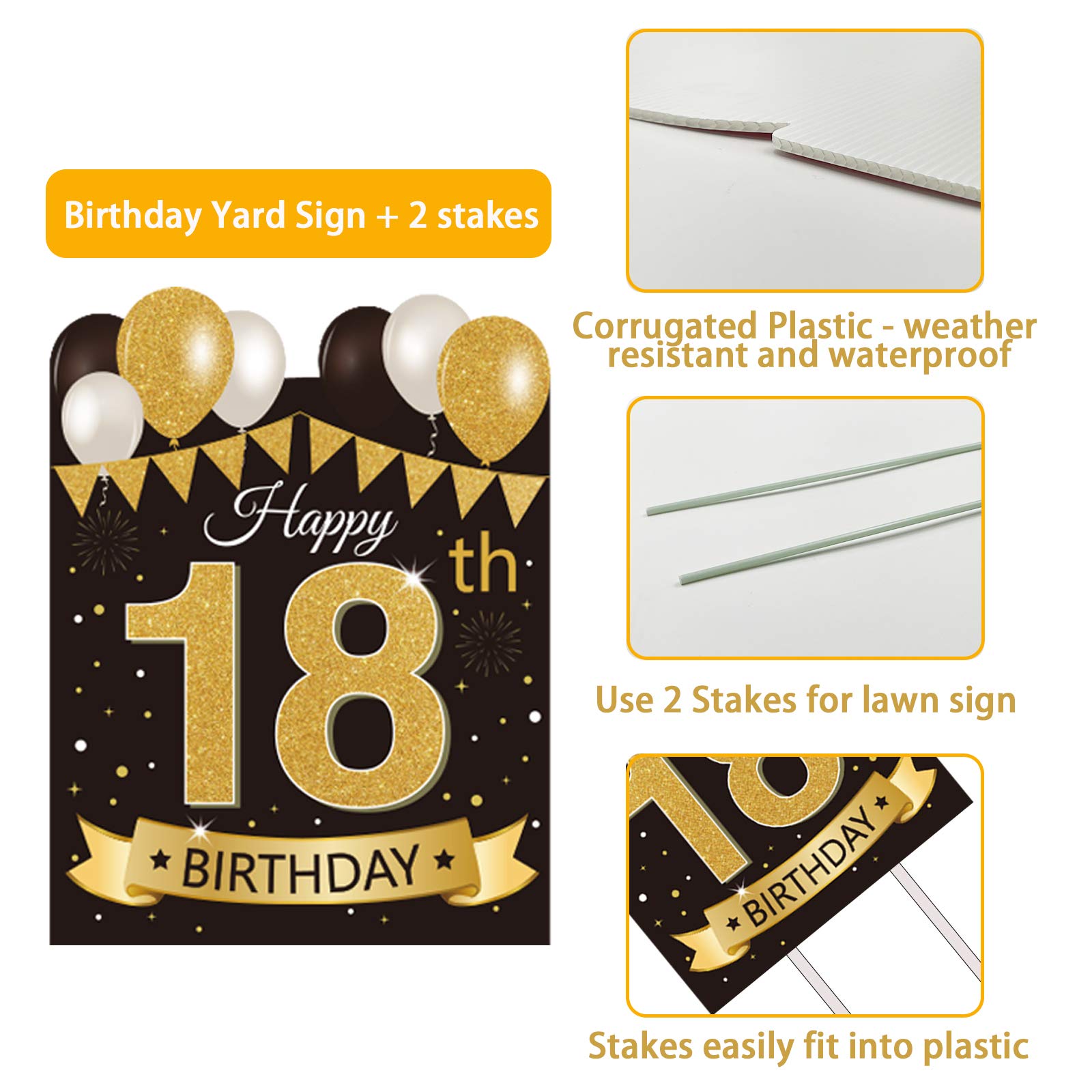 Large Happy 18th Birthday Party Yard Sign Black Gold 18 Birthday Yard Signs with Stakes and Outdoor Lawn Decorations