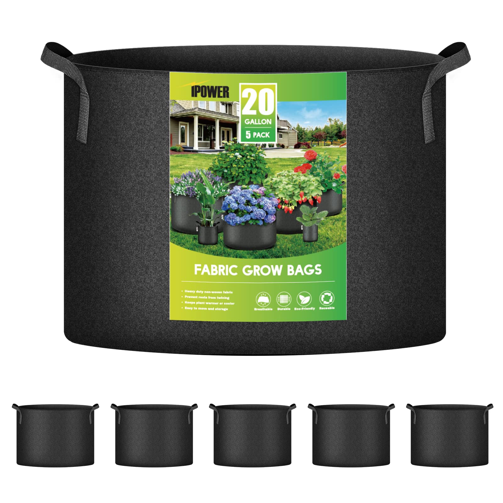 iPower 20 Gallon (Pack of 5) Plant Grow Bags Thickened Nonwoven Aeration Fabric Pots Heavy Duty Durable Container, Strap Handles for Garden, Black