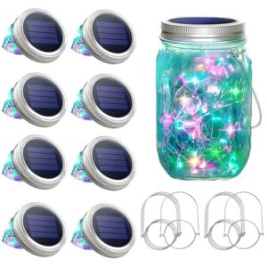 solar mason jar lights [updated], 8 pack 20 led waterproof fairy firefly jar lids string lights with hangers(no jars), patio yard garden wedding decoration - colorful