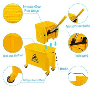 WTXX 5.28 Gallon Rolling Cleaning Mop Bucket Commercial Restaurant with Down Press Wringer ,Removable Side Press Wringer Design (Yellow), 23.5 inches L x 10.75 inches W x 27.5 inches H