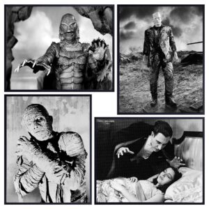 dracula - frankenstein - creature from the black lagoon - the mummy - scary movie wall art set - vintage horror movie poster - classic monster movies wall decor - home theater room decorations