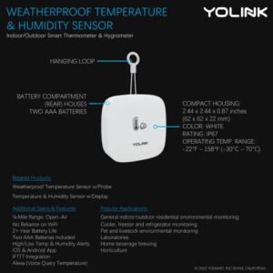 YoLink Smart Outdoor Temperature & Humidity Sensor, Hygrometer, Thermometer, 1000' Long Range, 2 Years Battery Life, Emails, Text/SMS, App Alerts, Alexa, IFTTT Integration. Hub Required!